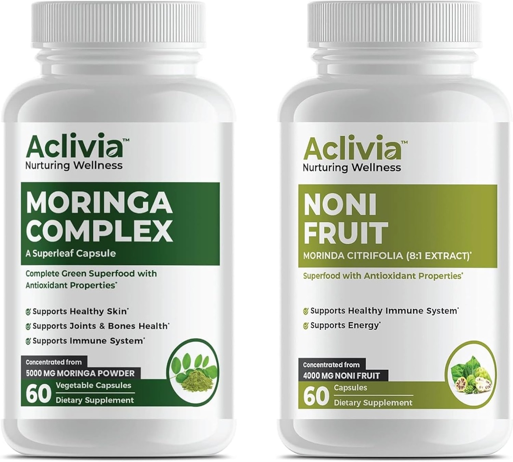Noni Fruit & Moringa Bundle - Hawaiian Noni Extract 4000mg (8:1) & Oleifera Feuille & Seed Extract 5000mg - Traditional Herbal Supplement Superfood Complex - 60 Capsules Chaque