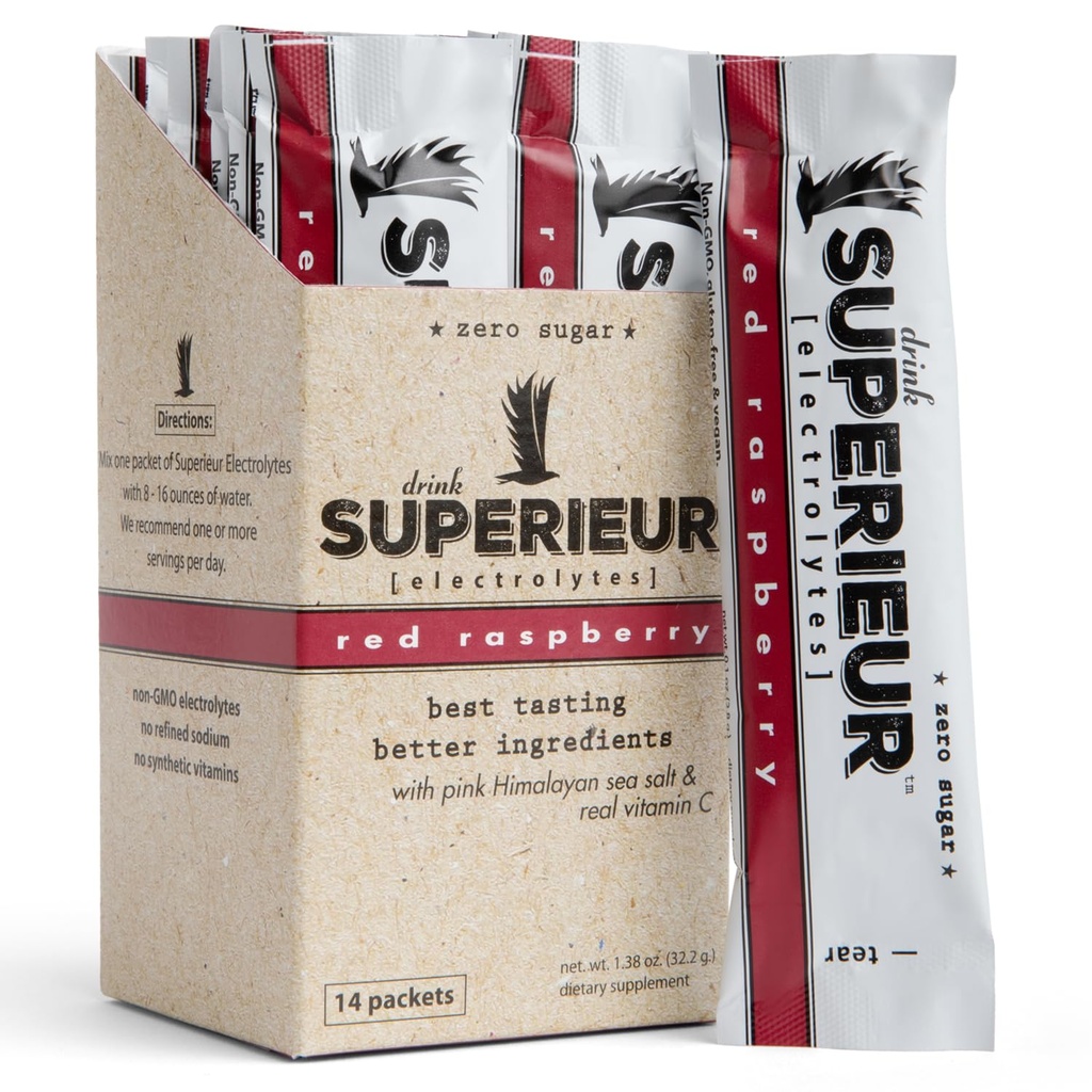 Superieur Electrolyte Powder Packets - Vegan Electrolyte Powder w/Sea Minerals - Keto Friendly, Non-OGM, Zero Sugar Electrolyte Supplément - Boissons sportives saines - Framboise (14 Packets)