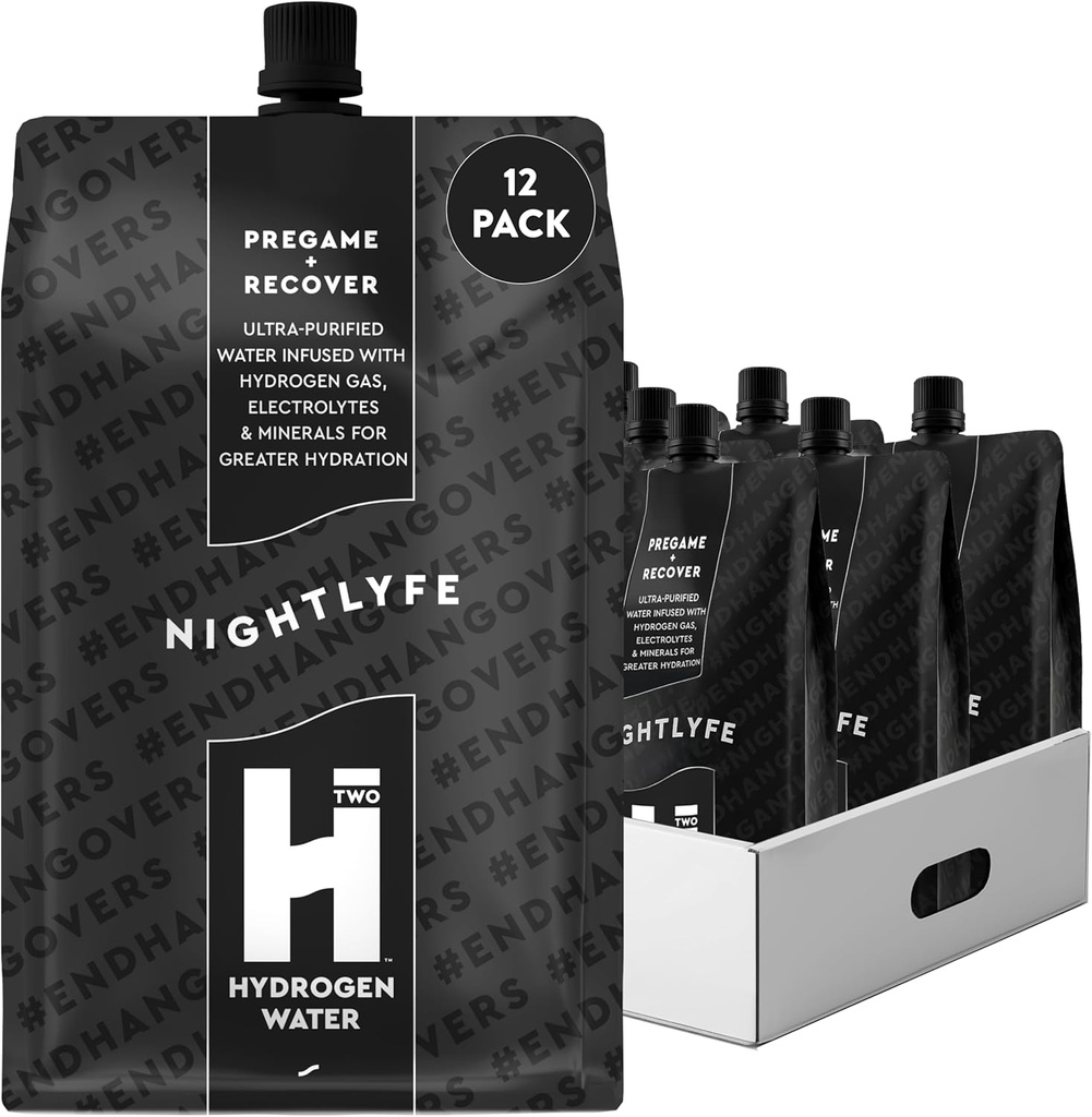 HTWO Nightlyfe Recovery, 16.9oz Premium eau infusée d'hydrogène avec électrolytes, vitamines et minéraux, 12 packs, packs d'hydratation fonctionnelle pour la récupération et la clarté mentale, sans sucre