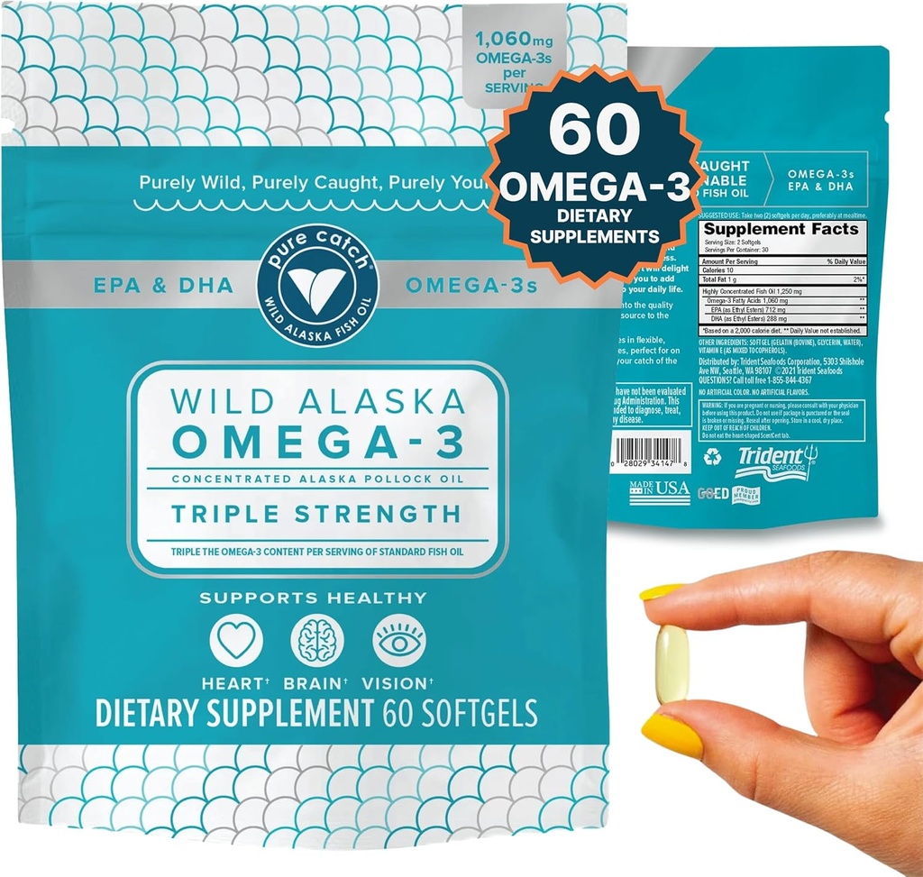 Trident Seafoods Pure Catch Wild Alaskan Fish Oil 1060mg Triple Strength Omega-3 Fish Oil Supplément pour les femmes et les hommes - EPA et DHA - 60 Ct. Daily Citrus Soft Gel soutient le cœur, le cerveau et la vision