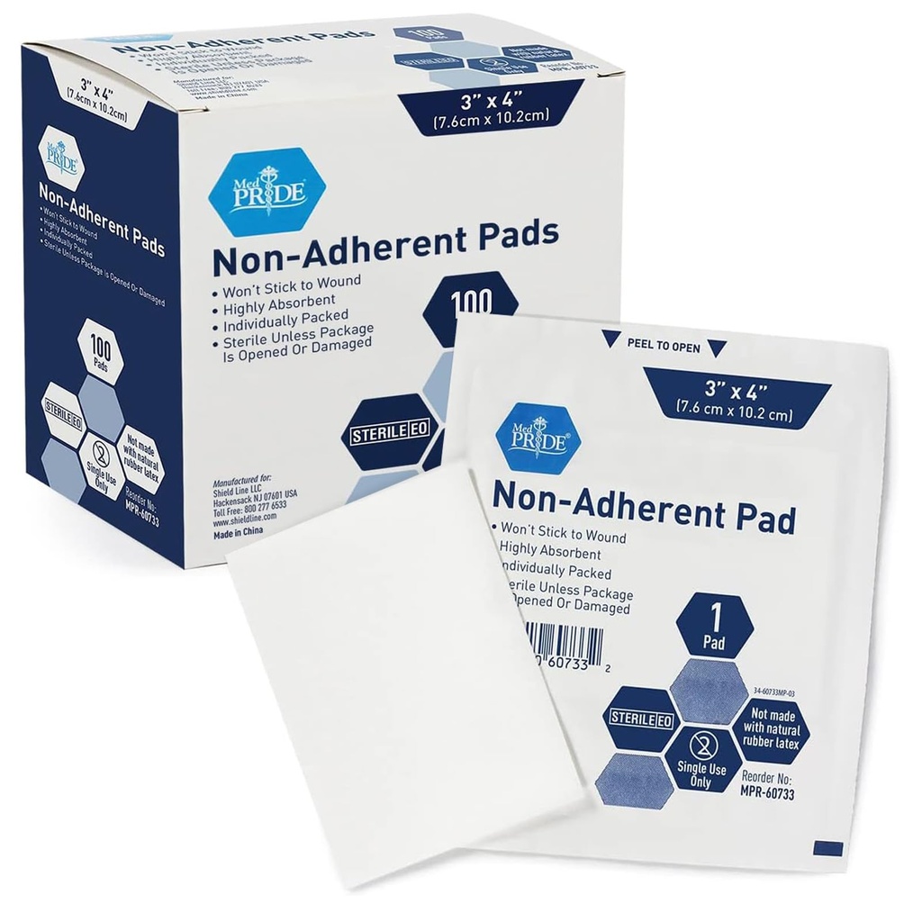 MED PRIDE Plaquettes stériles non stick pour soins des plaies et des plaies, élimination hautement absorbante, sans douleur, emballée individuellement (3x4 pouces (paquet de 100))