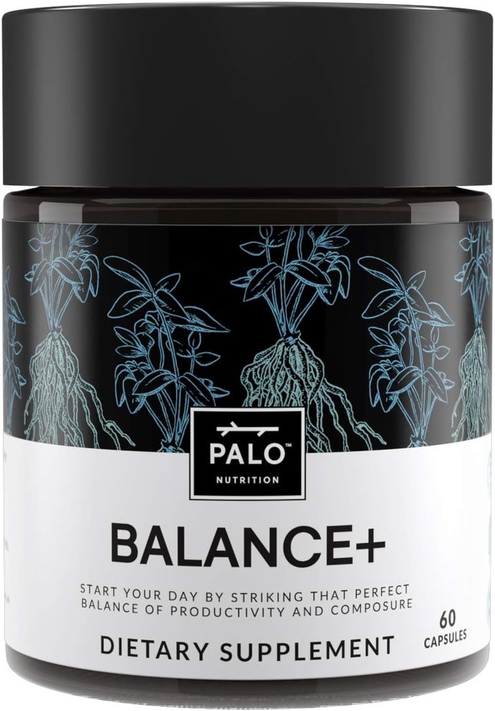 PALO Balance+ Mood Support Supplement with Adaptogens (en anglais seulement) Aide à calmer l'esprit et le corps, Soulagement du stress Suppléments énergétiques (en anglais seulement) Ashwagandha, Astragalus, Rhodiola, Thé vert, 60 Capsules