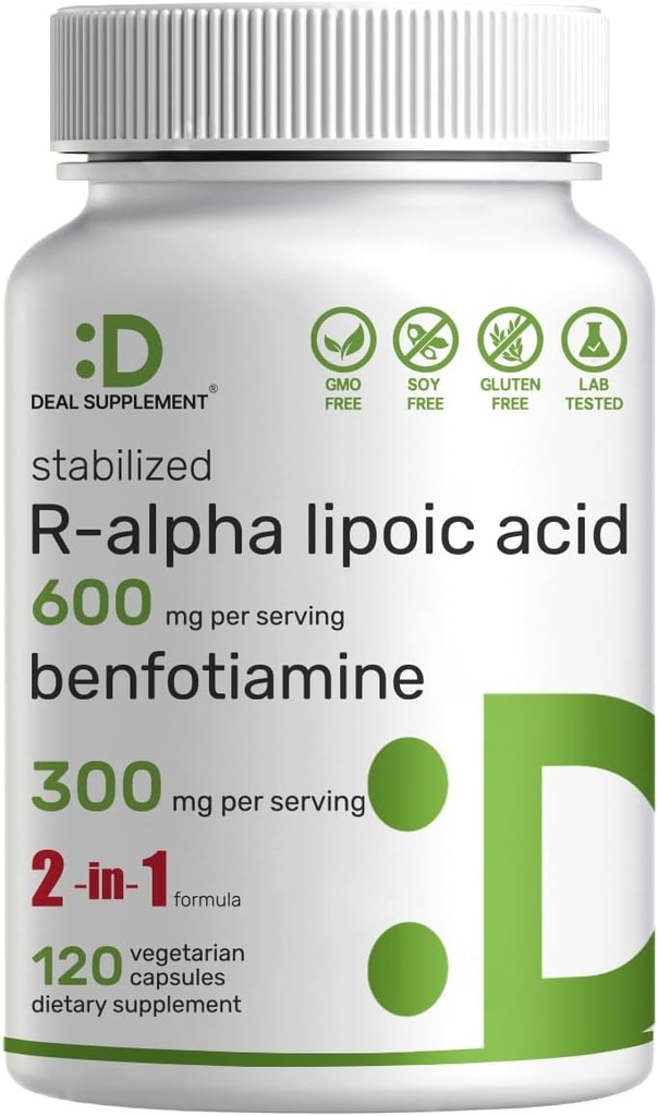 SUPPLÉMENT DE DÉAL R acide alpha lipoïque 600mg avec Benfotiamine 300mg par portion, 120 Capsules de Veggie – 200mg R-ALA par gélule – Supplément antioxydant pour le support du système nerveux et énergétique