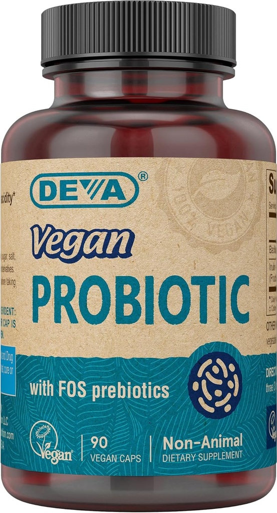 DEVA Probiotique végétalien avec supplément de prébiotiques FOS - 2 milliards CFU avec 100 MG de prébiotiques par service pour les hommes et les femmes - sans gluten non laitiers - naturellement Stable - 90 Capsules