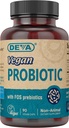 DEVA Probiotique végétalien avec supplément de prébiotiques FOS - 2 milliards CFU avec 100 MG de prébiotiques par portion pour les hommes et les femmes - Sans gluten non laitiers - Étagère naturellement stable - 90 capsules