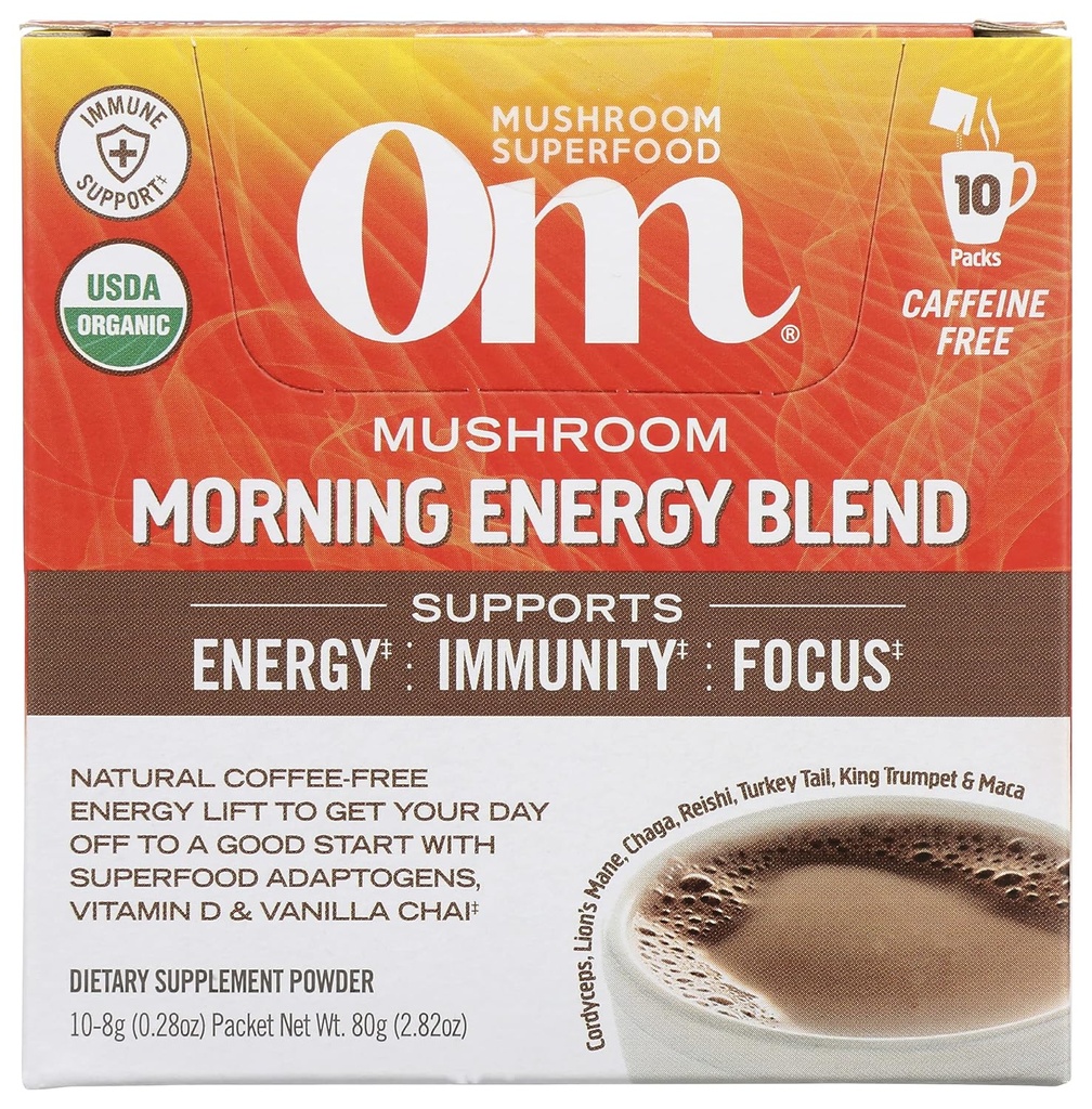 Om Mushroom Superfood Morning Energy Blend Mushroom Powder Drink, Cafe Free Energy Drink with Cordyceps, Vitamine D2, Agaricus Bisporus, Lion's Mane, Rhodiola, and Turkey Tail, 10 Comte, 2,82 Oz