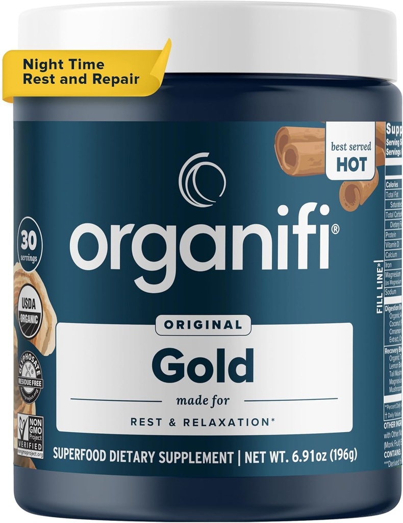 Organifi: Or - Poudre de supplément super-alimentaire - 30 portions - Stress Support, Mieux se reposer, Se détendre et favorise le sommeil reposant - Turmeric et Reishi Infusé