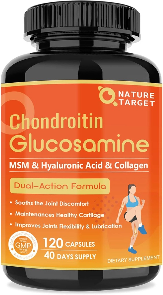 NATURE TARGET Glucosamine Chondroïtine Joint Support Supplement - Plus MSM, Collagène, Turmeric, Sans mollusques, Supports Joint, Knees, Cartilage, pour hommes et femmes, 120 Caps