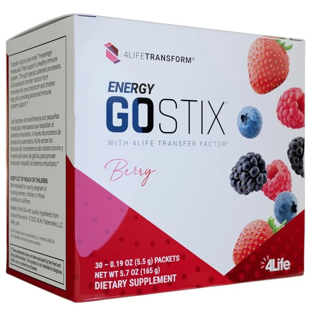 4Life Energy Go Stix, Mélange d'énergie saine, caféine de Guarana, Maca, Yerba Mate et extrait de thé vert, goût de baie - 30 paquets