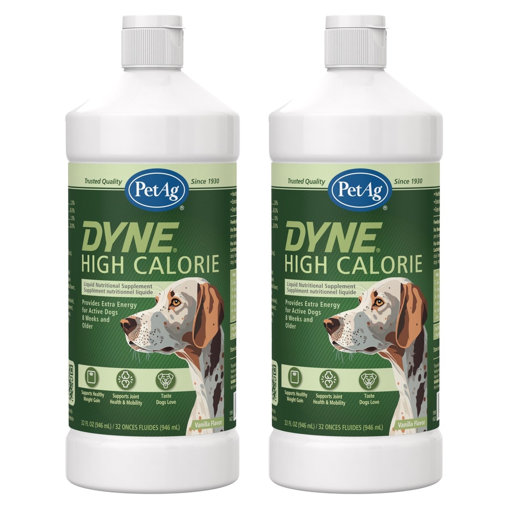 Pet-Ag Dyne supplément nutritionnel liquide à haute calorie pour chiens et chiots 8 semaines et plus - 32 oz, paquet de 2 - soutient la performance et l'endurance - Sweet Vanilla Flavor