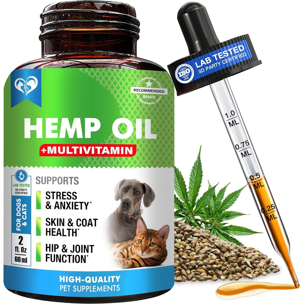 Drops d'huile de chanvre chat et chien avec multivitamine - Pet Calmant Anti Anxiety & Hip and Joint Pain Aid and Anti Stress Support - Supplément naturel liquide (2 oz)
