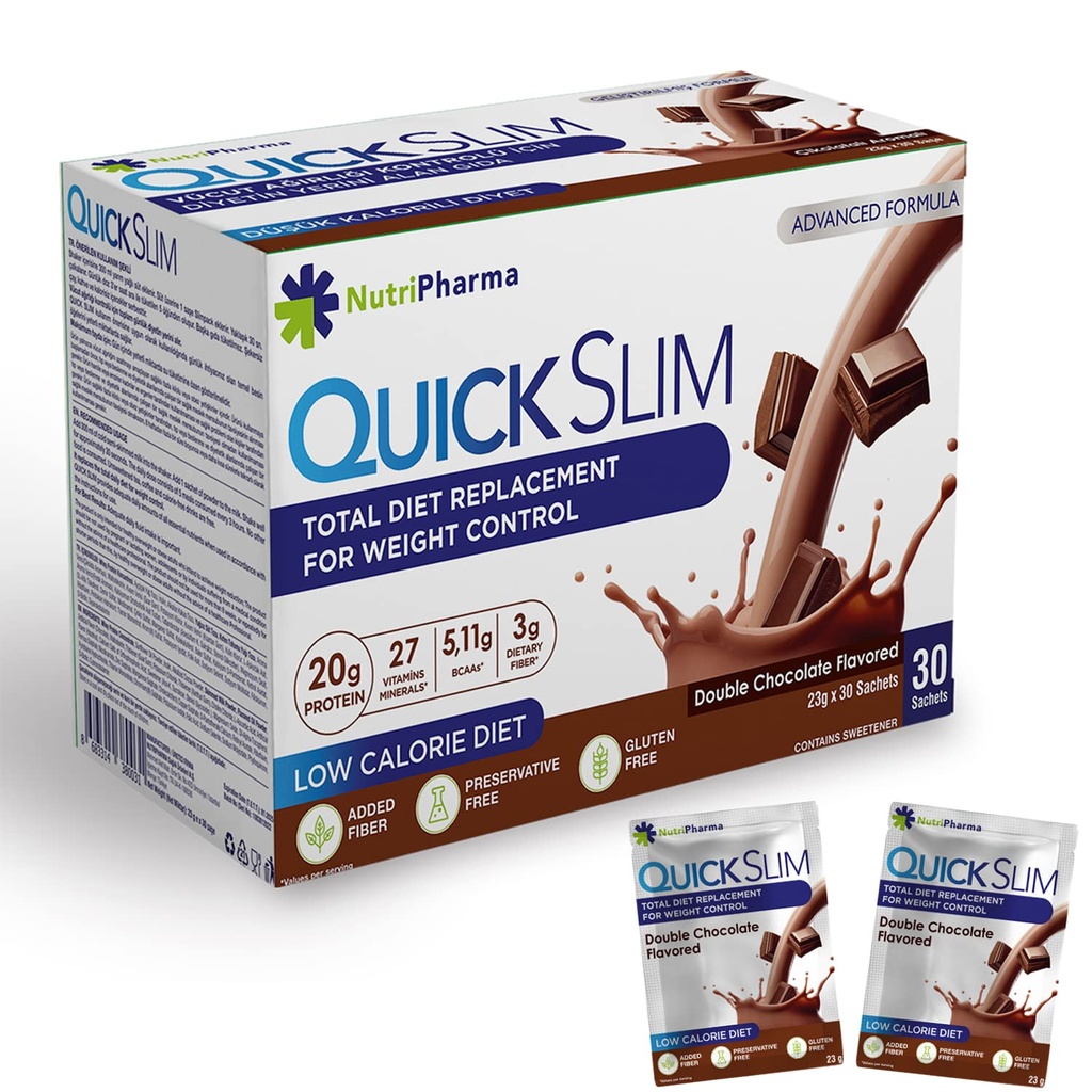 Remplacement rapide de repas mince Shake pour perte de poids, 30 portions, 20g de protéines, 27 vitamines et minéraux, fibre alimentaire, faible teneur en glucides, sans gluten (chocolat double, 30 sachets)