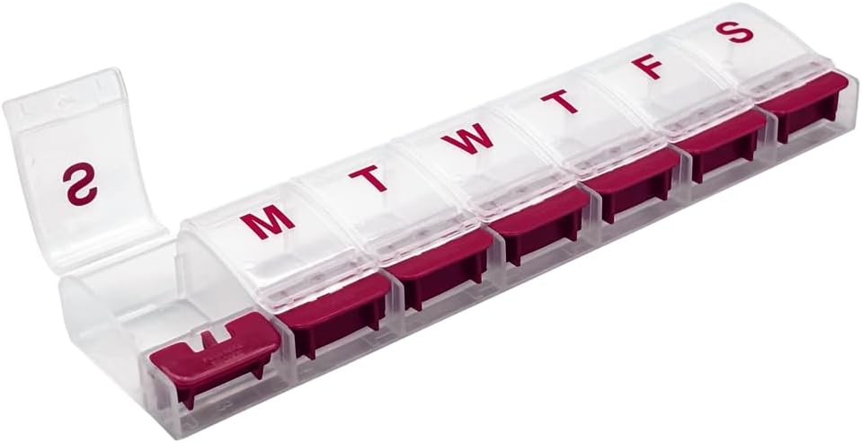 EZY DOSE Weekly (7-Day) AM/PM Daily Push Button Pill Organizer, Vitamin Case, and Medicine Container, X-Large Compartments, Arthritis Friendly, Convenient and Easy to Use, Clear/Red, BPA Free