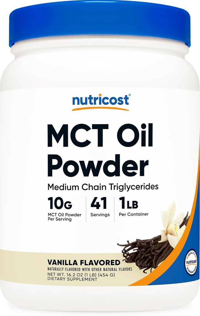 Poudre d'huile MCT Premium Nutricost (1 LB, Vanille) - Meilleur pour les régimes kéto, kétose et kétogénique - Zéro carbure net, sans OGM et sans gluten, triglycéride à chaîne moyenne