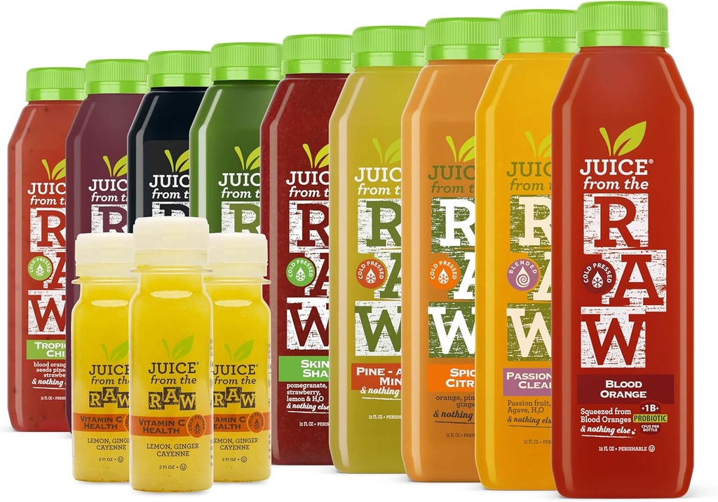 Jus du RAW 9 jours Vitamine-C Nettoyez les jus les plus populaires Nettoyez/Détox / 100% crus Jus pressés à froid (18 bouteilles + 9 coups)