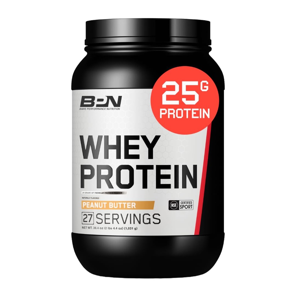 BARE PERFORMANCE NUTRIITION, BPN Whey Protein + Casein Protein Powder Blend, Peanut Butter, 25g de protéines par service soutient la récupération musculaire maigre, 27 portions, tiers testé