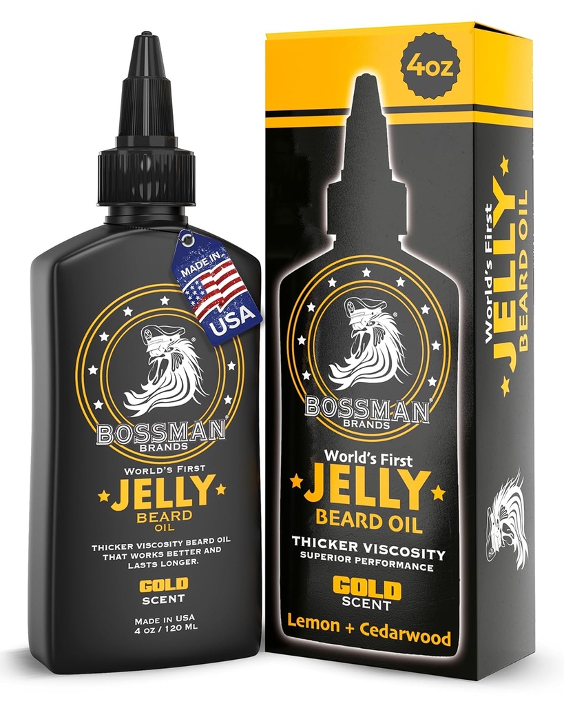 Bossman Jelly Bead Oil for Men (4 oz, Gold Scent) – Adoucit, hydrate et conditions avec des ingrédients naturels