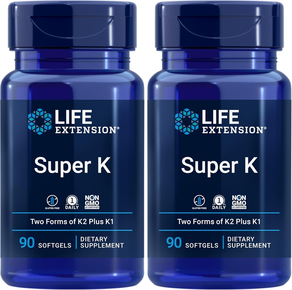 Extension de vie Super K, Vitamine K1, Vitamine K2 mk-7, Vitamine K2 mk-4, Vitamine C, Santé des os/du cœur/artère, Approvisionnement 3 mois, Sans gluten, 1 jour, Non-OGM, 90 softgels (paquet de 2)
