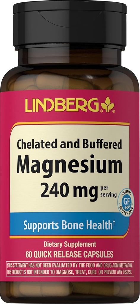 Supplément de magnésium de roche piquante pour les femmes et les hommes : 240 mg 60 Capsules de chélate buffered de Lindberg