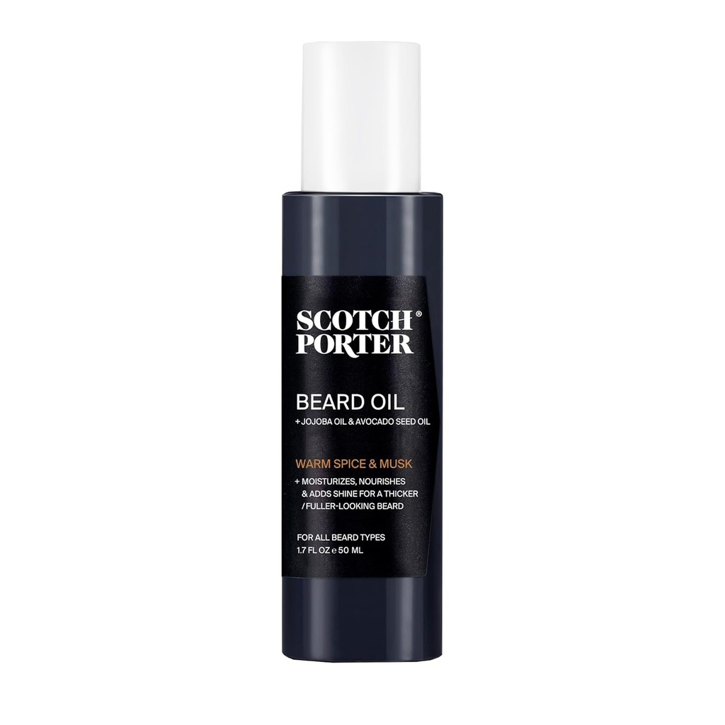 Huile de barbe lissante Scotch Porter – Seaux d'huile nourissants dans l'humidité et lisses Flyaways pour une barbe sans frisottis, plus complète et plus saine avec brillance toute la journée – Parfum original, 1,7 oz. Bouteille