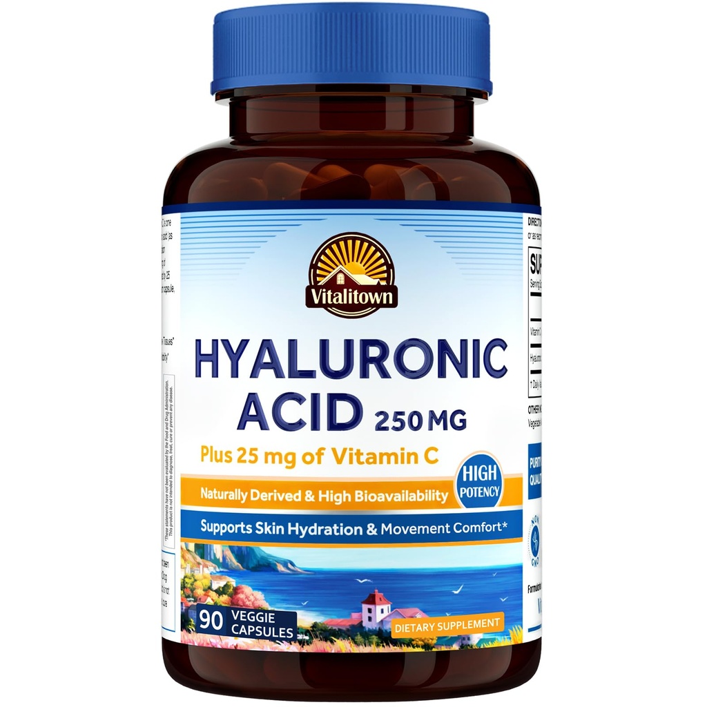 Suppléments d'acide hyaluronique Vitalitown 250 mg, plus 25 mg de vitamine C, naturellement dérivés et haute biodisponibilité, hydratation cutanée, 90 capsules véganes, approvisionnement de 3 mois