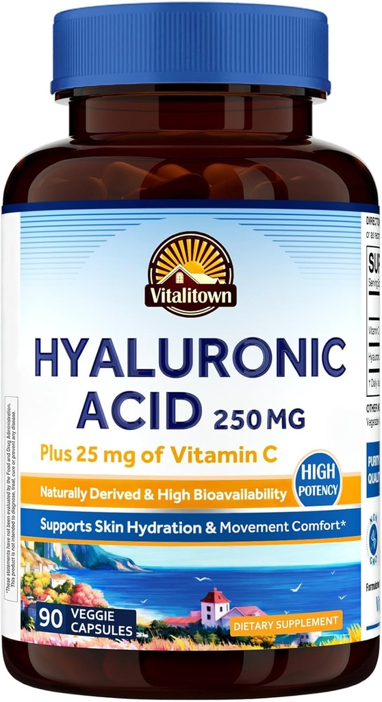 Vitalitown Hyaluronic Acid Supplements 250 mg, Plus 25 mg Vitamin C, Naturally Derived & High Bioavailability, Skin Hydration, 90 Vegan Capsules, 3 Month Supply