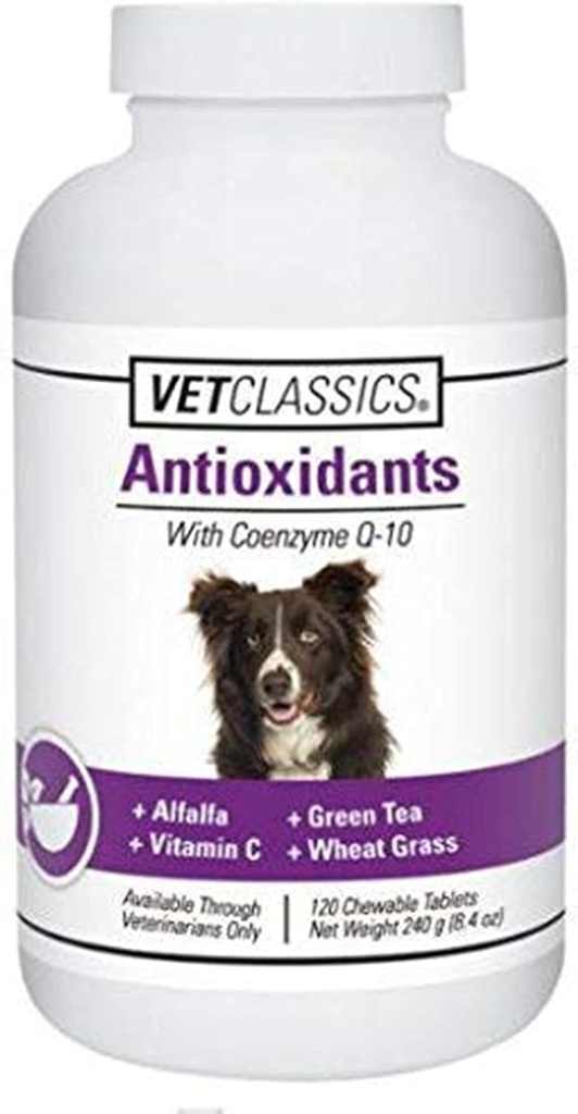 Vet Classics Antioxydants avec Coenzyme Q-10 pour chiens, avec Alfalfa, Thé vert, Vitamine C, & Blé Grass, 120 comprimés à croquer