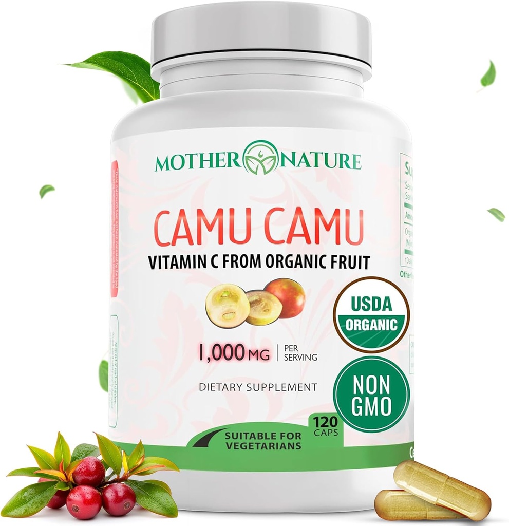 Vitamine C organique de Camu Capsules Camu 1000mg, emballé avec VIT C naturel, antioxydants bruts - Supplément de soutien immunitaire et anti-âge pour la peau - Poudre organique, végétalien, non-OGM (120 Nombre)