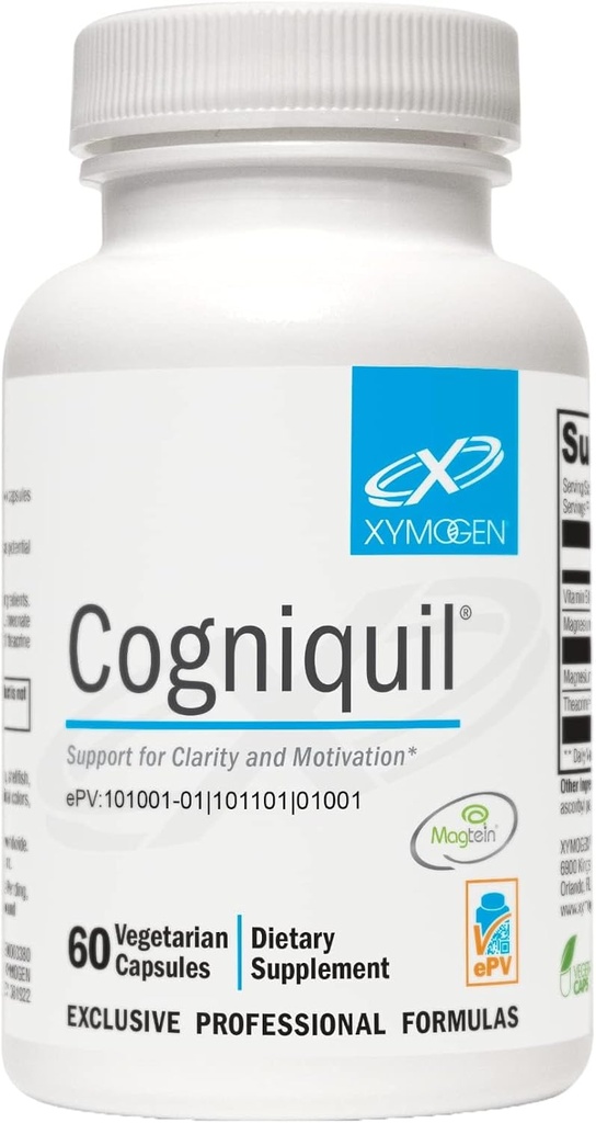 XYMOGEN Cogniquil - Soutien à la clarté, au focus, à la motivation, à l'énergie mentale et physique - Magnésium L-Thréonate pour fournir biodisponible Magnésium au cerveau, théacrine + vitamine B12 (60 capsules)