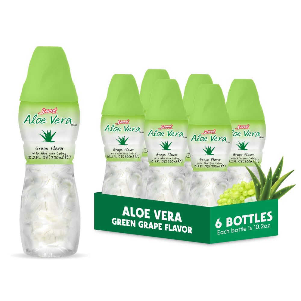 Aloe vera juice (Grape flavored) with bigger chunks of pure aloe pulp (6 Packs) Plant based juice great for hydration and contains large aloe pulp. It is healthy for adults and kids
