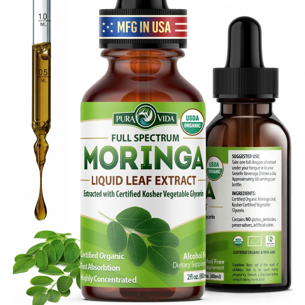 PURA VIDA MORINGA Extrait de feuilles gouttes liquides - USDA certifié biologique - hautement purifié, biodisponible et plus rapide Absorption que Moringa Poudre ou Capsules - Moringa Oleifera d'origine unique Extrait