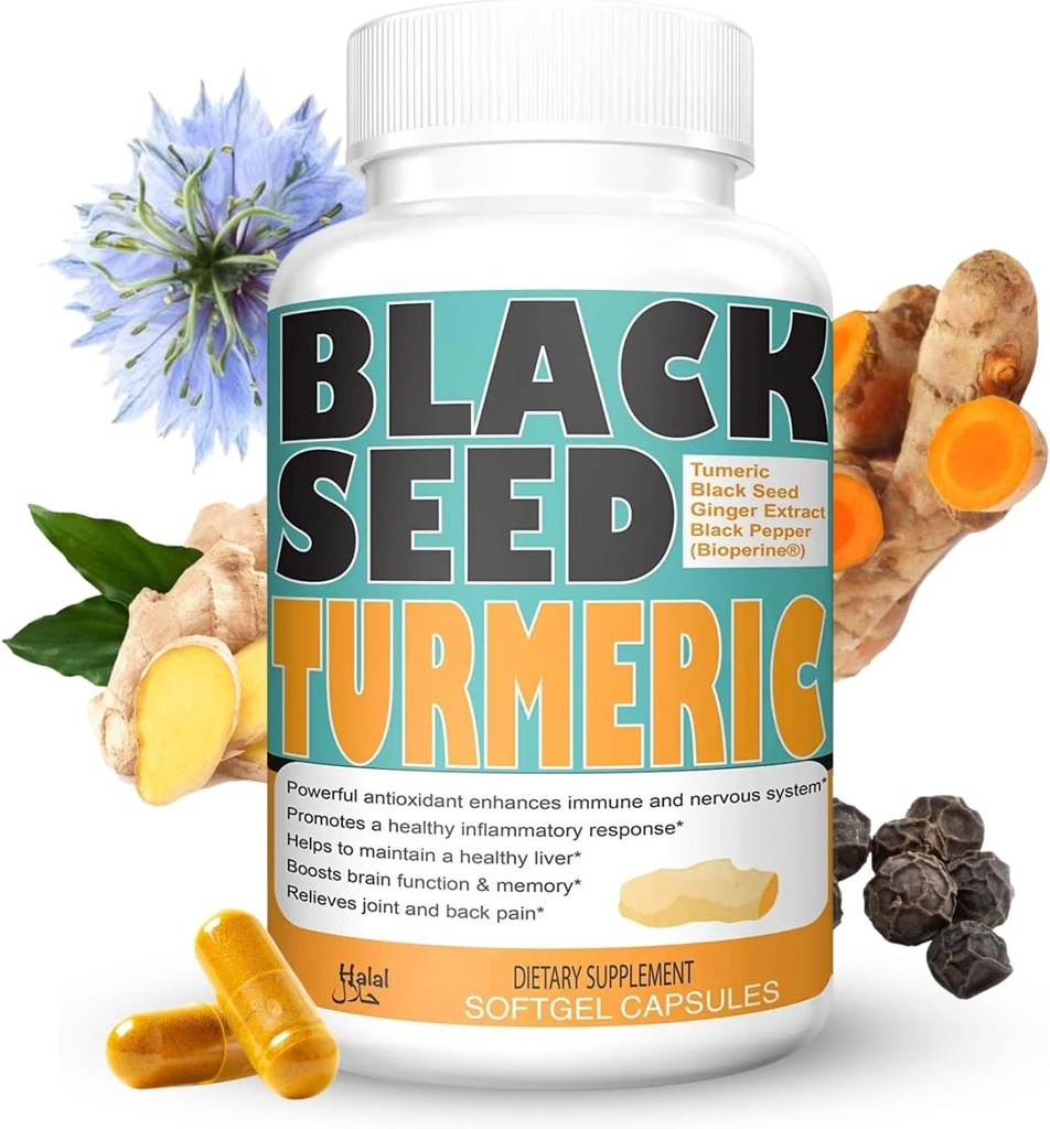 Turcuma 1350mg Curcumin 150mg Poudre de graines noires 75mg Extrait de gingembre 50mg Extrait de fruits de poivre noir 10mg Bioperine 60 Capsules de dénombrement de légumes par Sweet Sunnah