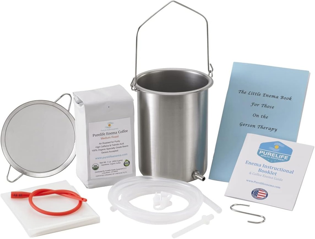 PureLife Coffee Enema Kit- Made in USA - All You Need Kit - 2 Qt USA Stainless Steel Enema Enema Bucket - Lab Tested Organic Enema Coffee - Mold, Fungus, Mycotoxin Free - 1 Pound - Coffee Strainer