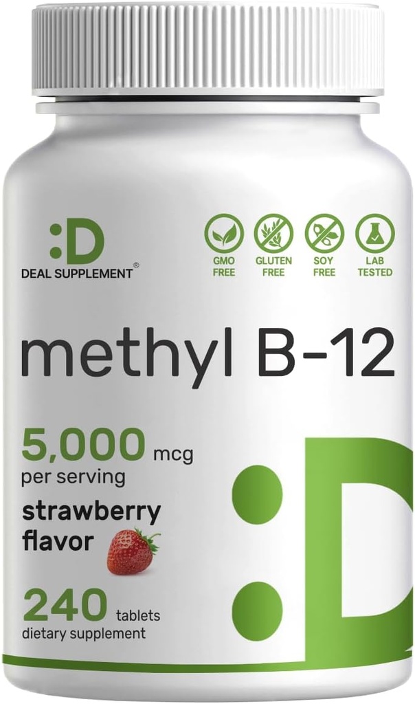 SUPPLÉMENT DE DÉAL Méthyl B-12 Vitamines 5000 mcg, 240 Comprimés à croquer.Forme active - Aromatisée aux fraises.
