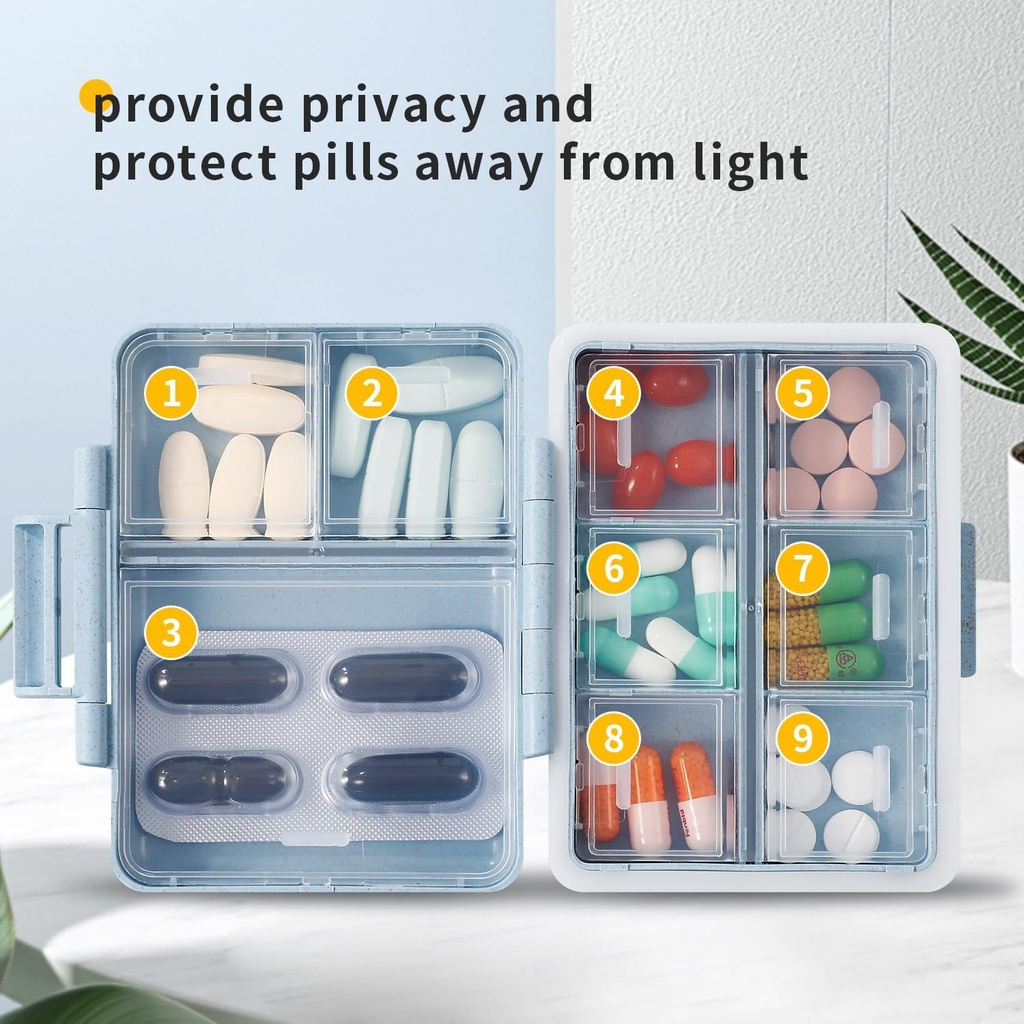 2 Pack 9 Compartiments Travel Pill Organizer Box Hydraure Proof Small Pill Case for Pocket Purse Daily Pill Holder Container for Medicine Vitami