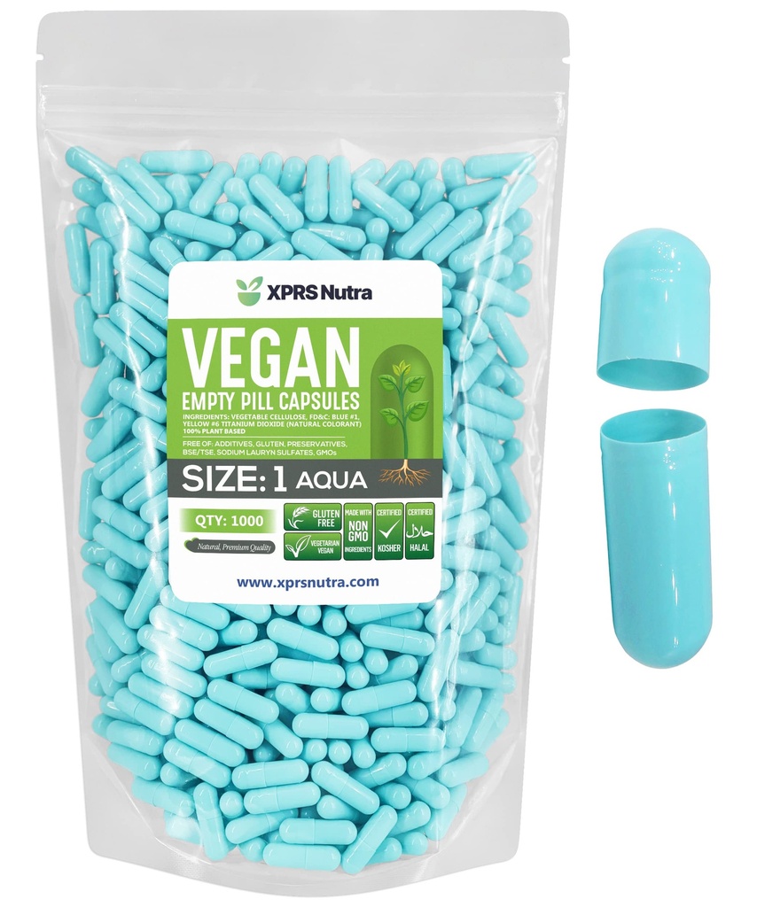 XPRS Nutra Size 1 Empty Capsules - 1000 Count Empty Vegan Capsules - Vegetarian Pills - DIY Vegetable Capsule Filling- Veggie Pill Caps for Do-It-Yourself Supplements (Aqua)