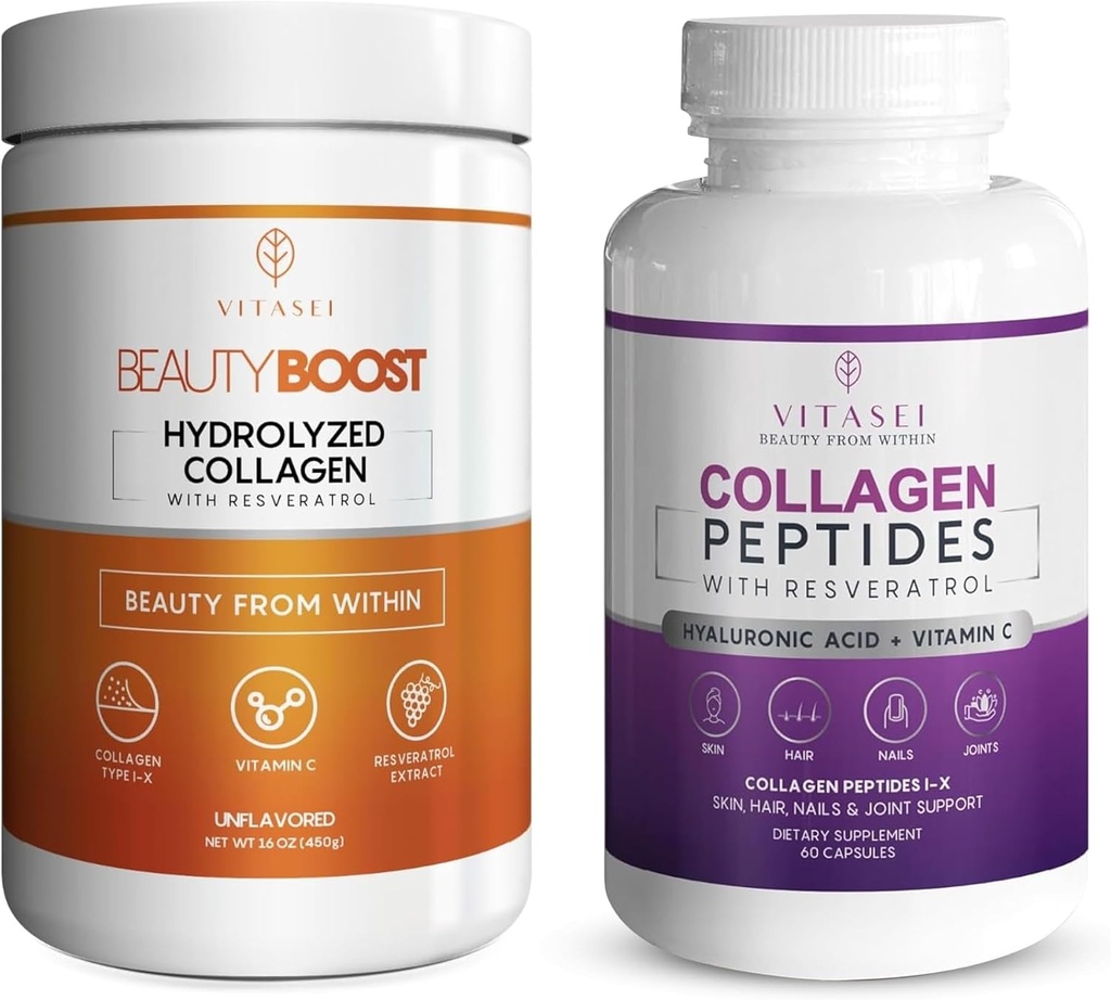 VITASEI Collagen Wellness Bundle – Capsules de Peptides de Collagène Hydrolysées avec Vitamine C & Resveratrol – Support pour les cheveux, la peau, les ongles, les os et les articulations