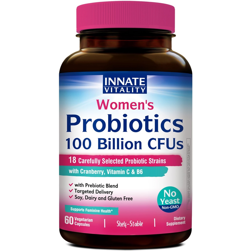 Innate Vitality Probiotics for Women, 100 Billion CFUs 18 Strains, Prebiotics and Probiotics, with Cranberry, Vitamin C & B6 P5P, Vaginal & Digestive Health, Non refrigerated, 60 Caps