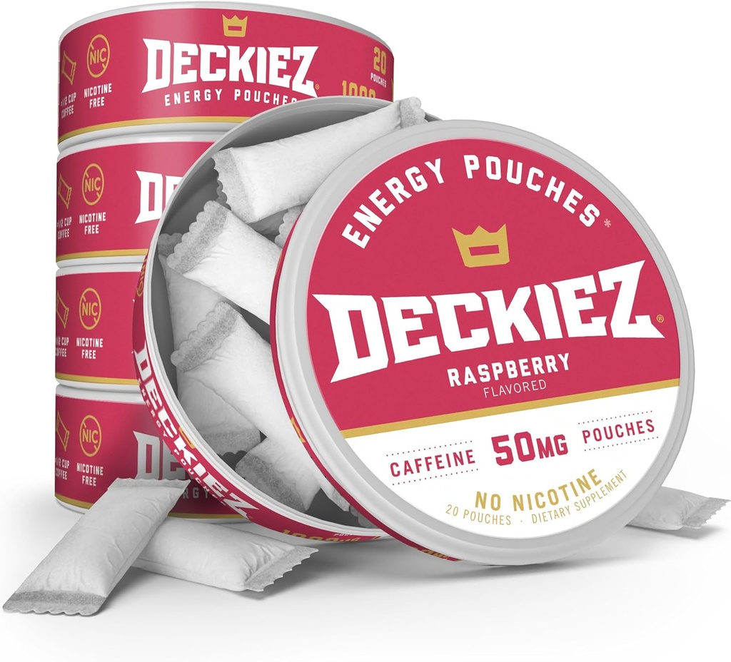 Pochettes Deckiez Energy, 5 Canettes (100 portions), Supplément de caféine sans sucre, Pochettes de café et boisson énergétique alternative, Pochettes de caféine 50mg, Arôme framboise