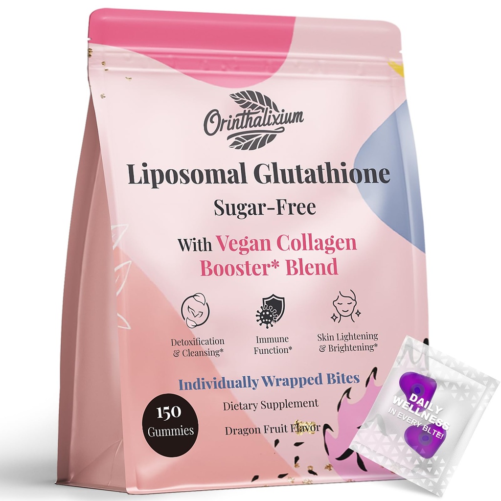 Gommies de glutathion liposomique 1000MG - sans sucre L-glutathion réduit avec vitamine C et collagène végétalien - Antioxydant et mieux-être de la peau - 150 Compte