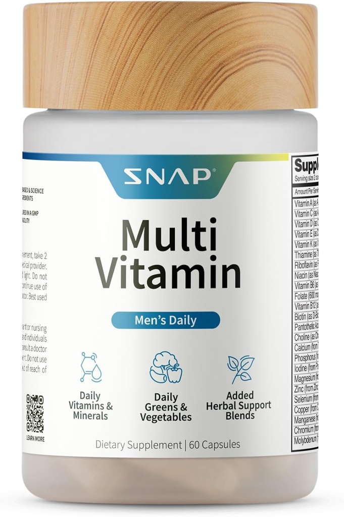 Snap Suppléments Multivitamines pour hommes - Vitamines et minéraux pour hommes - Vitamine D, B12, Zinc, Herbes et Vitamine C pour l'énergie et le soutien immunitaire, Multivitamine pour hommes, 60 capsules