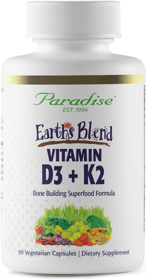 Paradise Herbes Mélange de Vitamine D3 + K2, Superfoods Base de Probiotiques et Verts alcalins organiques, légumes et baies, 90 Capsules végétariennes