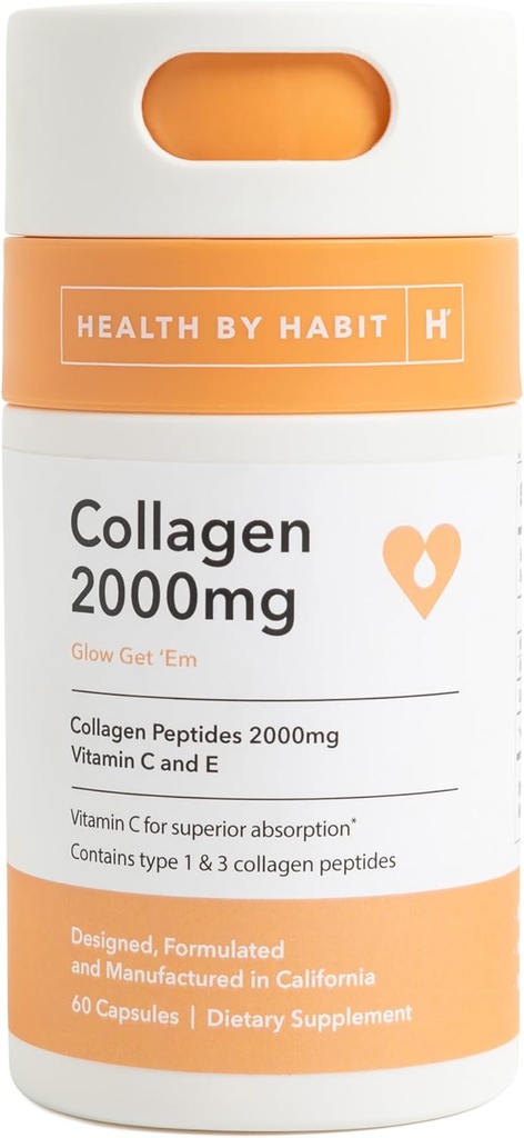 Santé par Habit Collagen Supplément (60 capsules) - Vitamine C et Vitamine E, 2000mg, Collagène Peptides, Absorption supérieure, Soutenir votre peau, Non-OGM, Sans sucre (1 paquet)