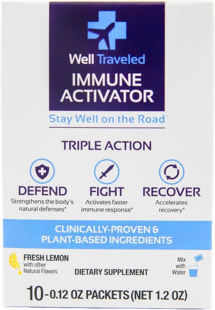 Bien voyagé Activateur immunitaire, Mélange de boisson naturelle pour le soutien immunitaire et la santé de la peau, Prébiotiques, Postbiotiques, Vitamine C, Vitamine D, Zinc, Pas de sucre ajouté, Science soutenu, Saveur de citron, 10 Compte