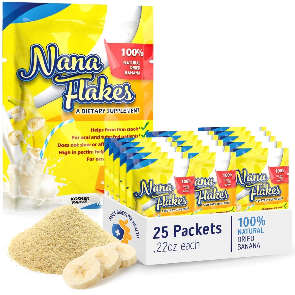 Nana Flakes 100% Pure Banana Flakes Medical Food Powder - Decrease Fat Intake & Natural Remedy for Diarrhea & Heart Burn - Great Source of Protein & Fiber (25 Single-Serve Packs)