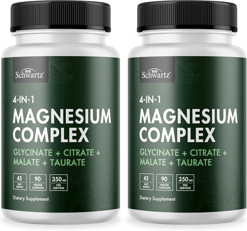 BioSchwartz Magnesium Complex Supplement (2 Pack) 350mg Magnésium Glycinat Citrate Malate et Taurate par service pour les nerfs sains Muscles Heart Sommeil Support (Vegan, sans gluten, sans OGM)