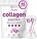 Micro-ingrédients Poudre de Peptides Multi Collagène, Boîtes de 40 bâtons de type I, II, III, V, X + Biotine, Vitamine C et acide hyaluronique