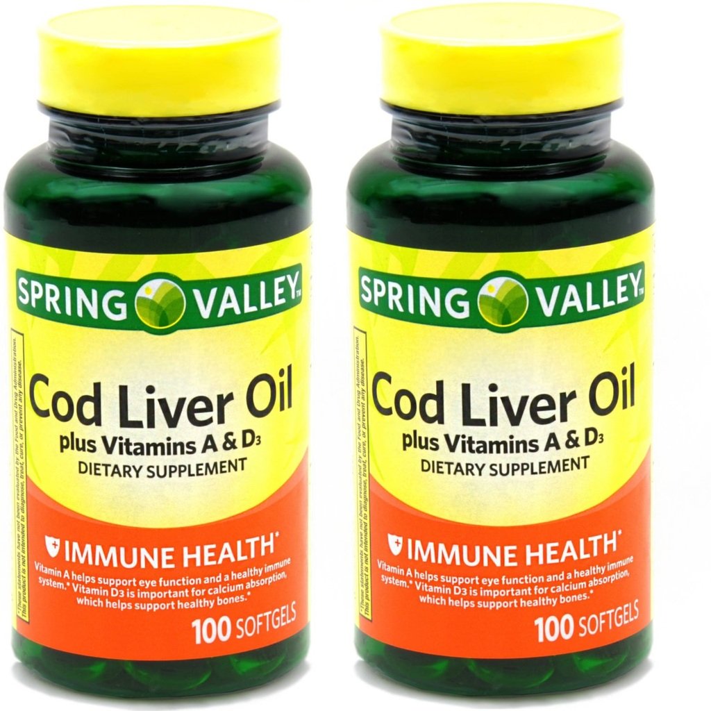 Spring Valley - Huile de foie de morue avec vitamine A & D 100 softgels (paquet de 2)