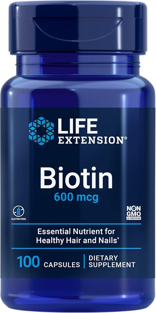 Life Extension Biotin 600 mcg Vitamine B7 Supplément de soutien pour les beaux cheveux, ongles et au-delà – sans gluten, sans OGM - 100 capsules