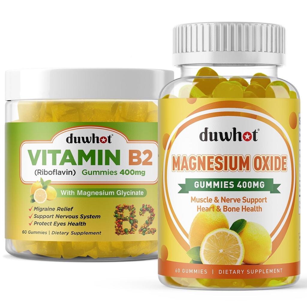 Soulagement de la migraine - Gommies de vitamine B2 (Riboflavine) 400mg et Gommies d'oxyde de magnésium 400mg, Soulagement des maux de tête et soutien du système nerveux
